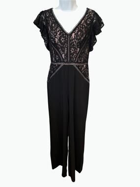 Neiman Marcus Black Nude Lace Flutter Sleeve Jumpsuit Size 4 NWT